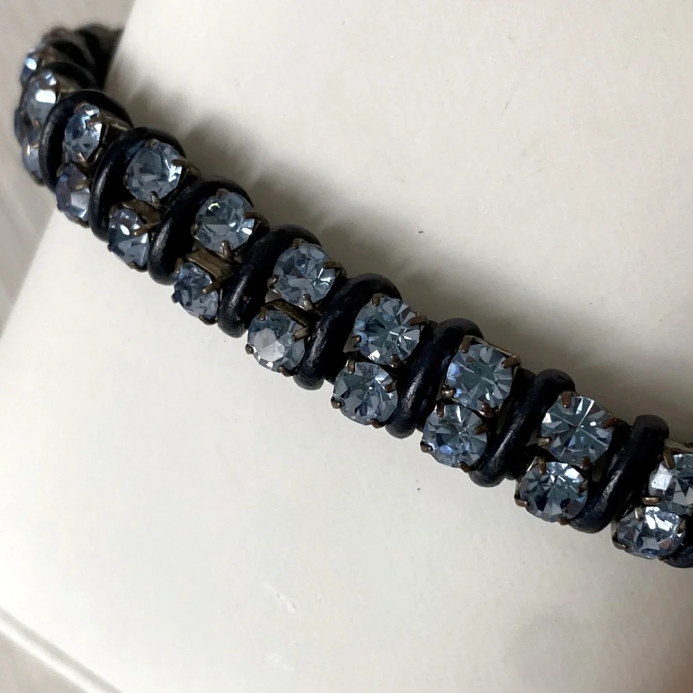 Fossil Sky Blue Crystals with Leather Wrapped Bracelet Button Closure